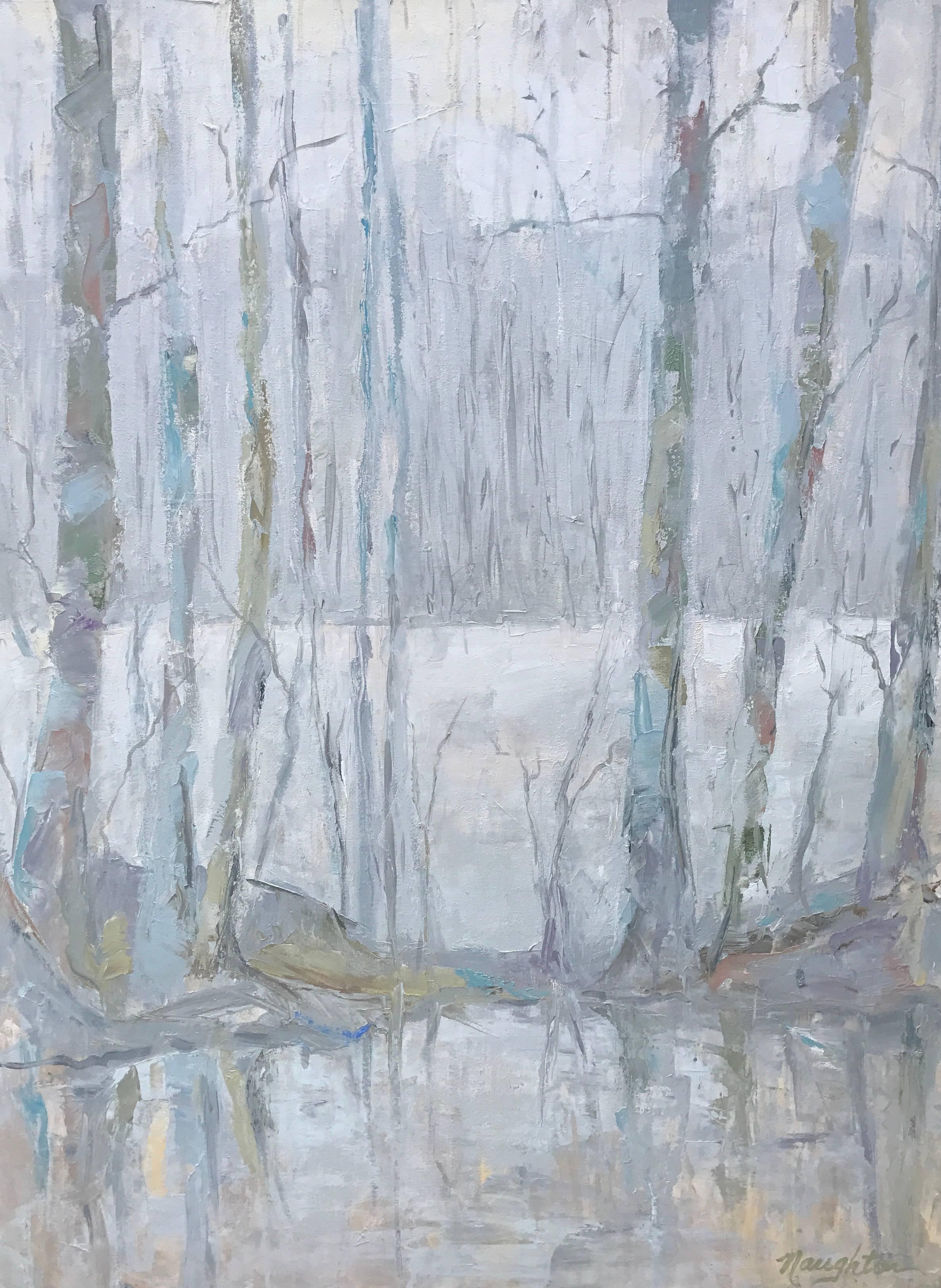 This beautiful forest scene was executed perfectly by American artist Maureen Naughton.  It depicts birch trees by the lakeside.  With a soft palette and rich texture, this piece will surely catch your eye.  The reflection in the water and the