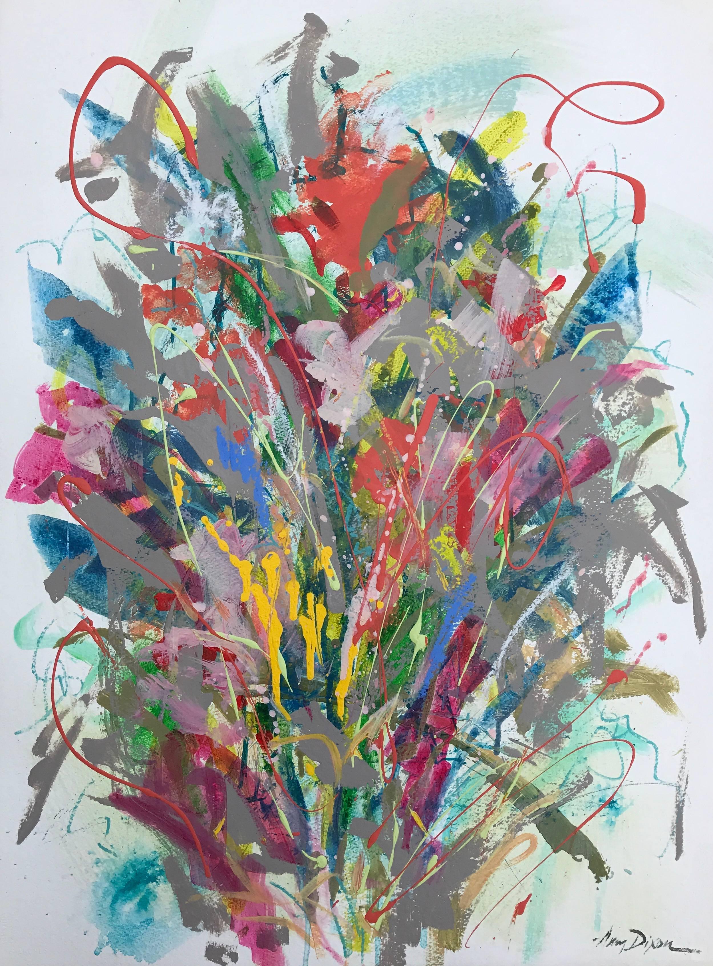 Amy Dixon Still-Life Painting - 'Spring Splash No. 1' Acrylic on Paper Abstract Floral Painting