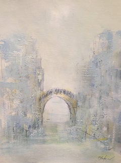 'Romance et le Pont' Oil on Paper Impressionist Cityscape Painting