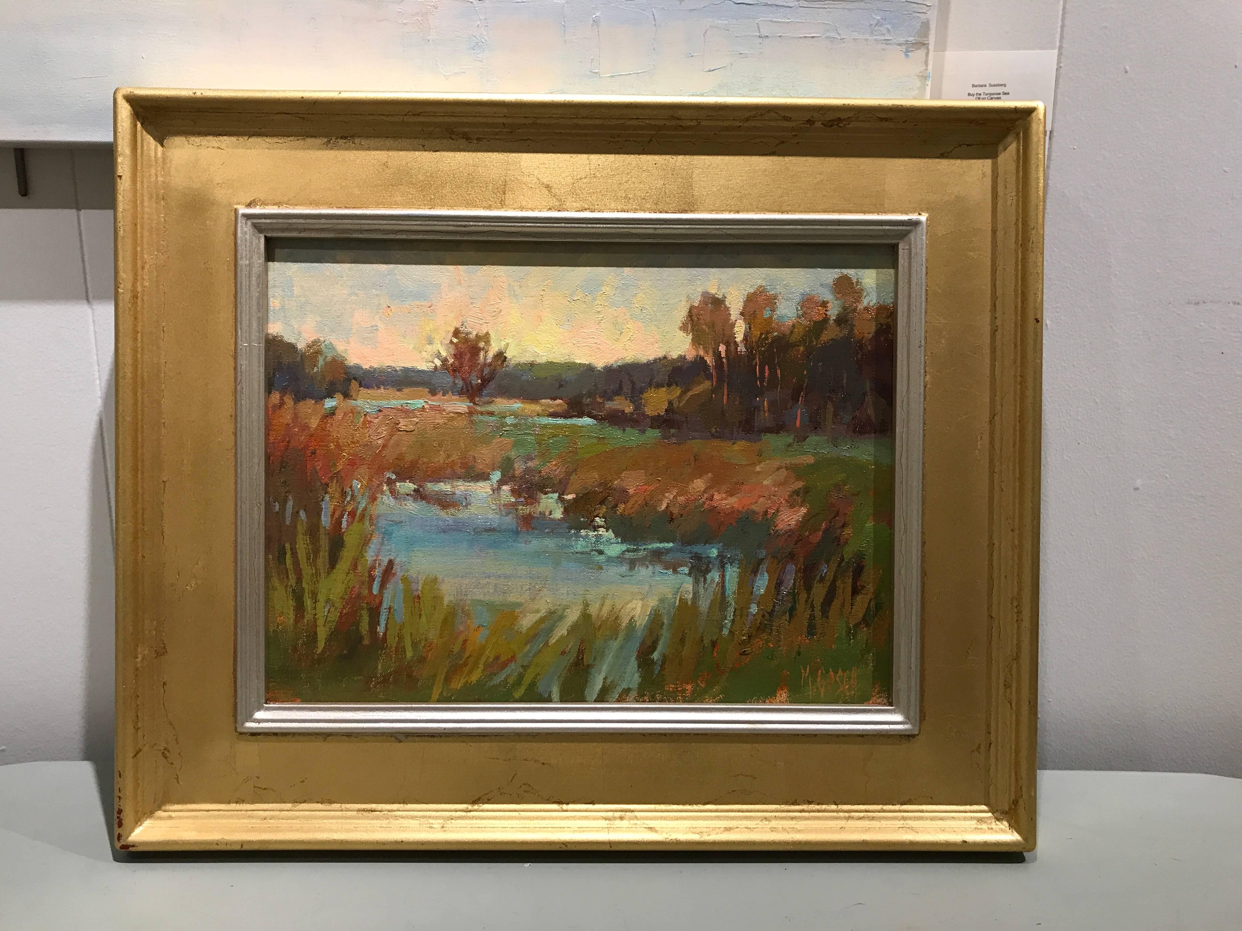 „Morning's Beauty“ Kleines gerahmtes impressionistisches Ölgemälde auf Karton:: Landschaftsgemälde (Impressionismus), Painting, von Millie Gosch