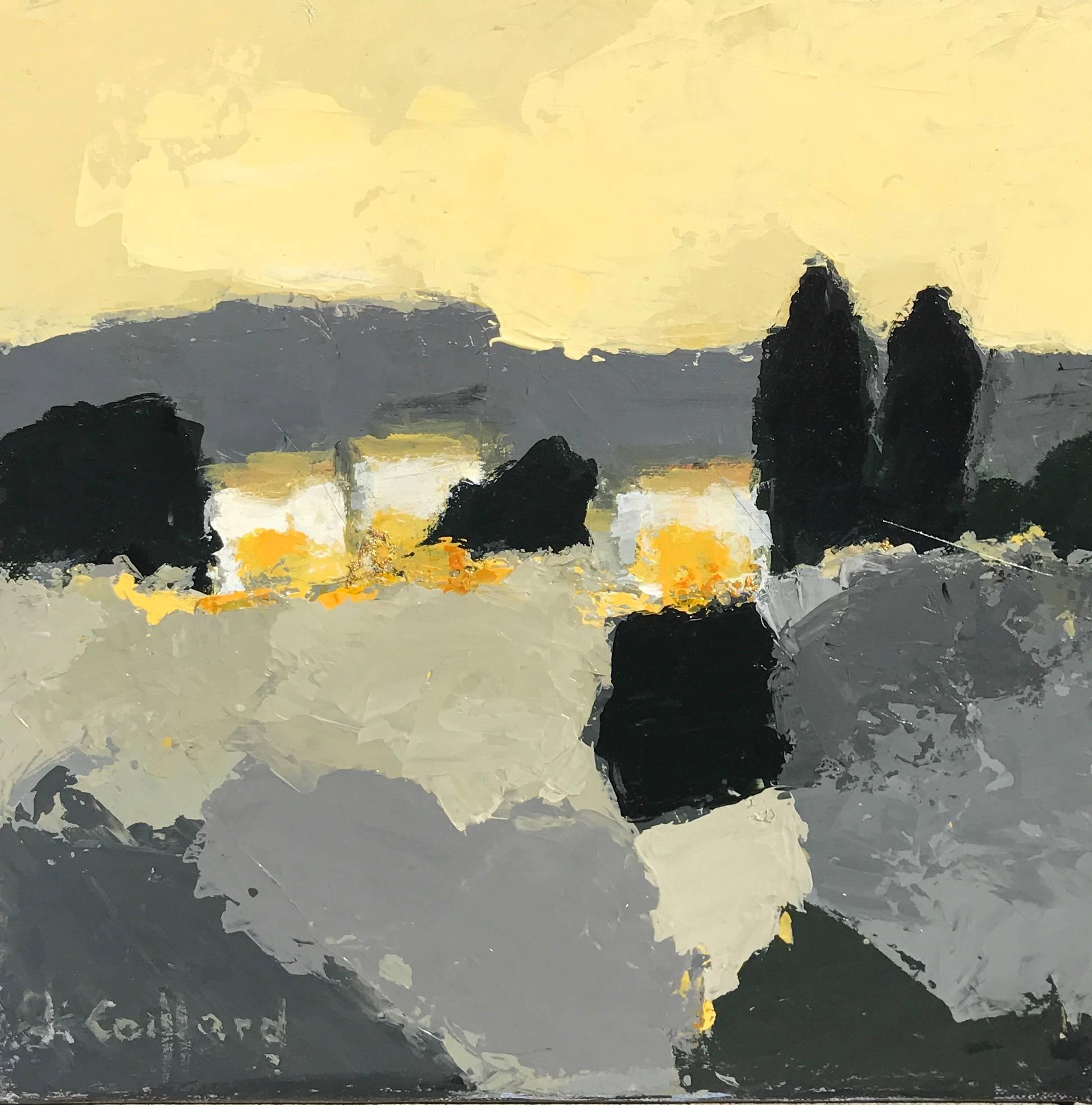 This abstract landscape painting of the French Countryside by French artist Lyliane Coiffard is titled "Le Luberon Nuageux" and was created in 2016. It is an oil on canvas of small size with an edgy palette made of blue, grey, yellow and white. On