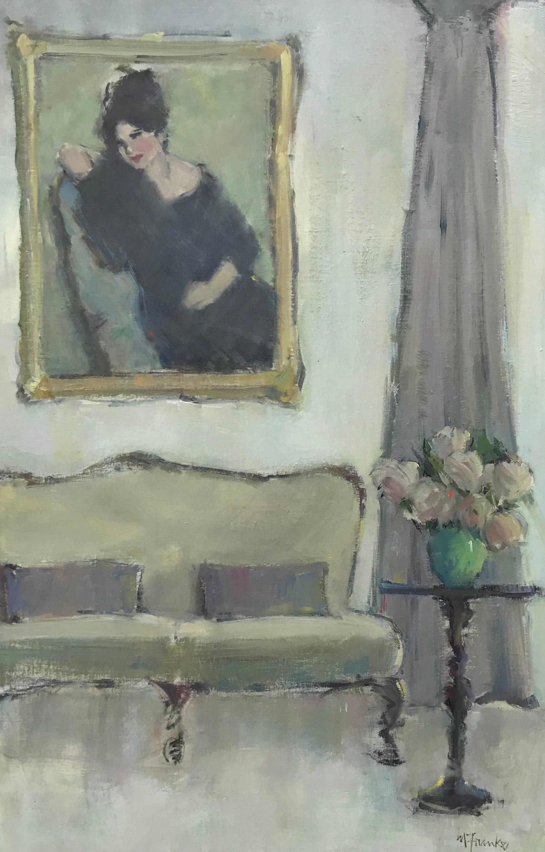 Nancy Franke Still-Life Painting - 'Grey Velvet' Large Impressionist Oil on Linen Board Interior Painting