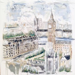 "London on the River Thames" Impressionist Large Mixed Media on Canvas Painting