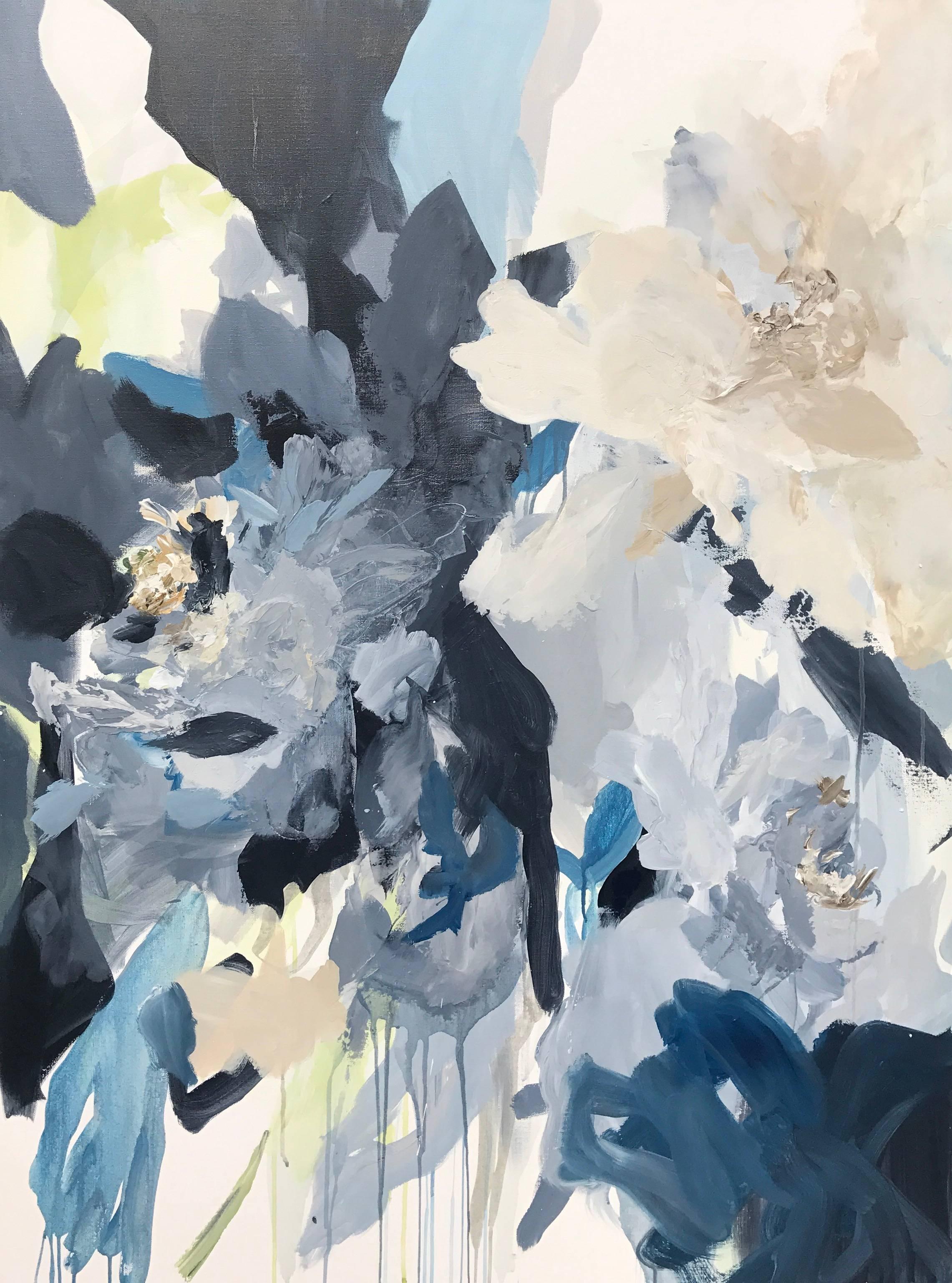 Mia Frandsen Abstract Painting - "Blooms of Indigo I" Large Contemporary Mixed Media on Canvas Floral Painting