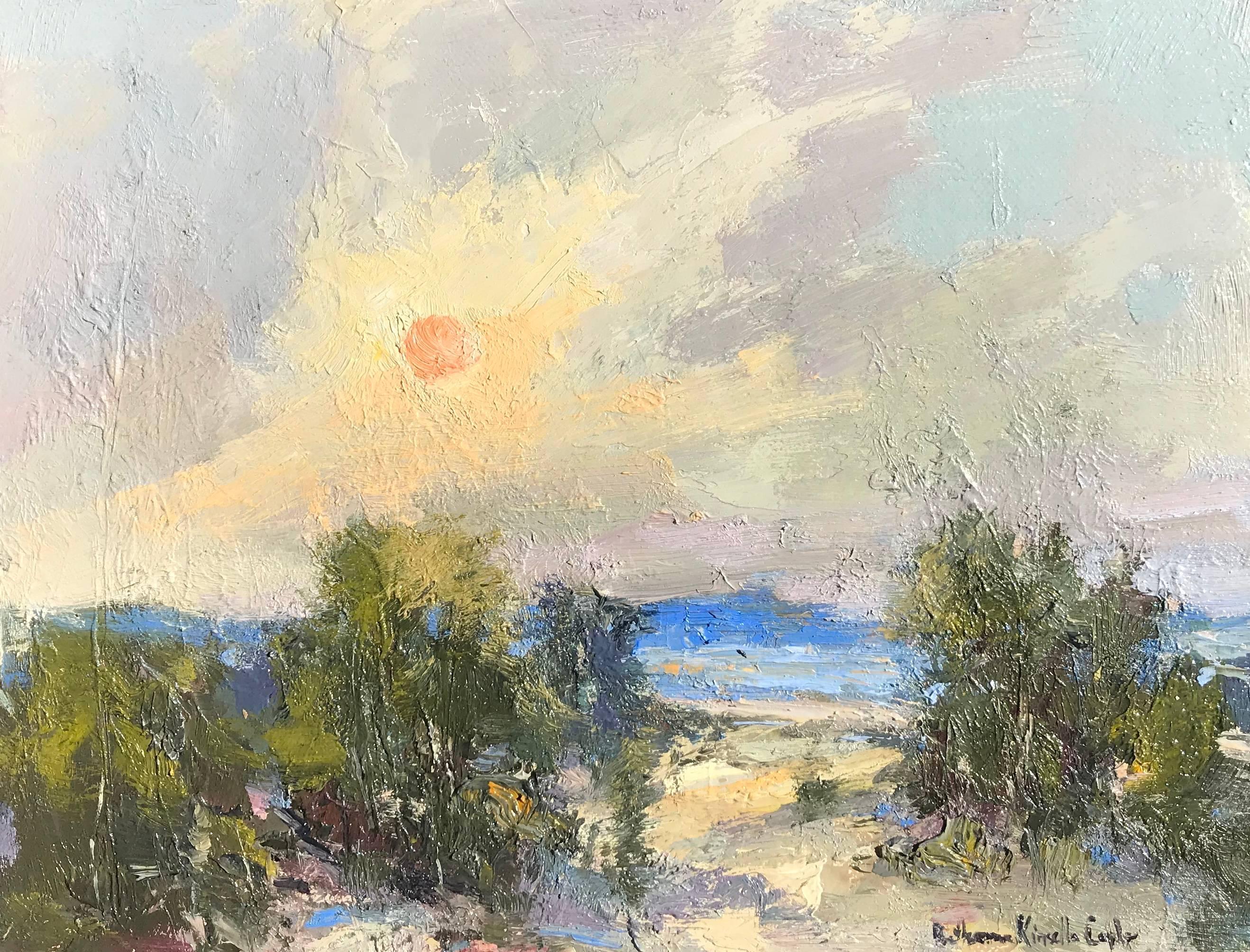 This oil on board painting by American artist Bethanne Cople is entitled 'The Sanguine Sunrise, With His Meteor Eyes' and was created in 2017. This small size painting is part of a series titled after 'The Cloud', a poem by Percy Bysshe Shelley. In