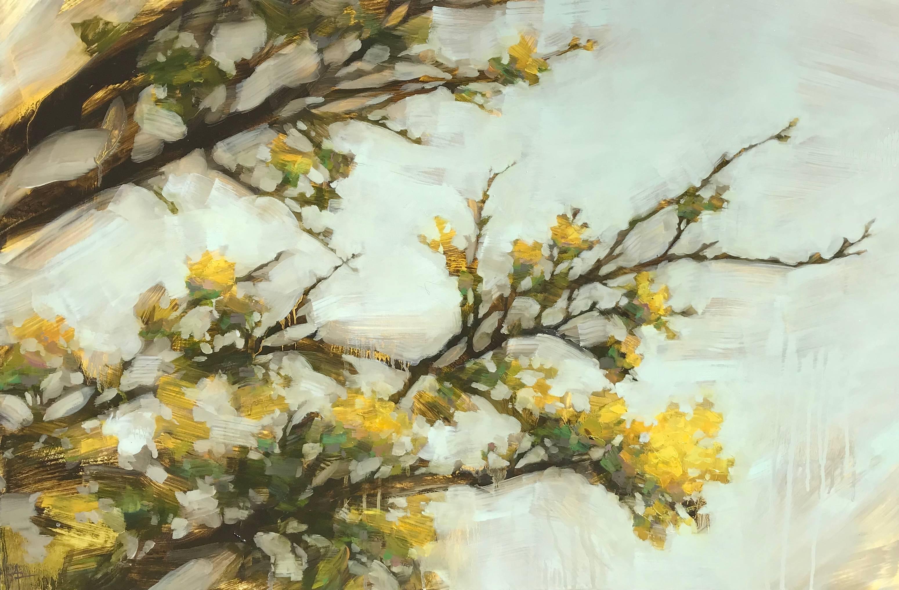 Angie Renfro Landscape Painting - 'Then as Now', Oil on Board Horizontal Painting Depicting a Yellow Blooming Tree