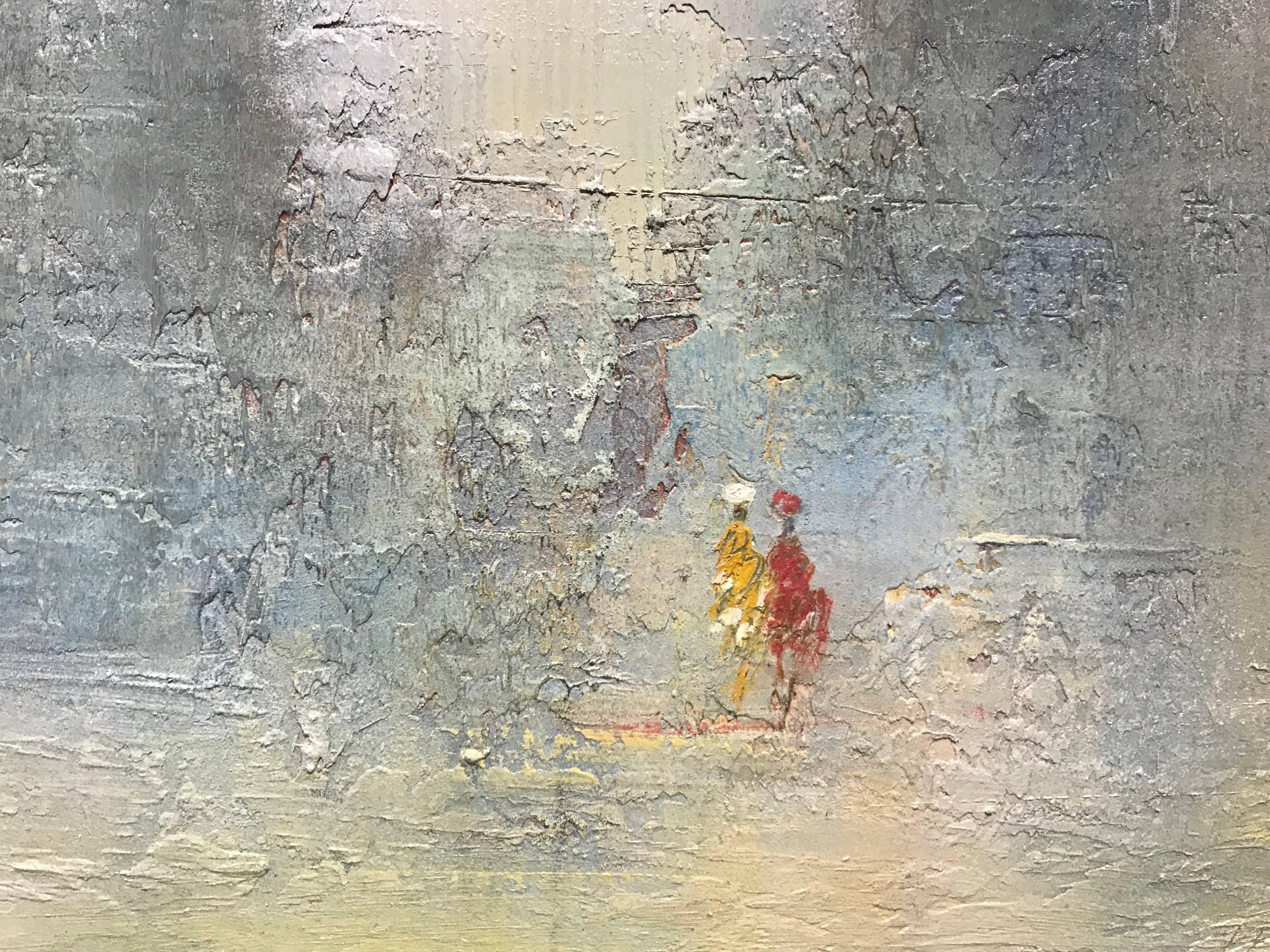 En Soirée I, Small Vertical Framed Oil on Board Abstract Impressionist Painting - Gray Abstract Painting by Pascal Bouterin