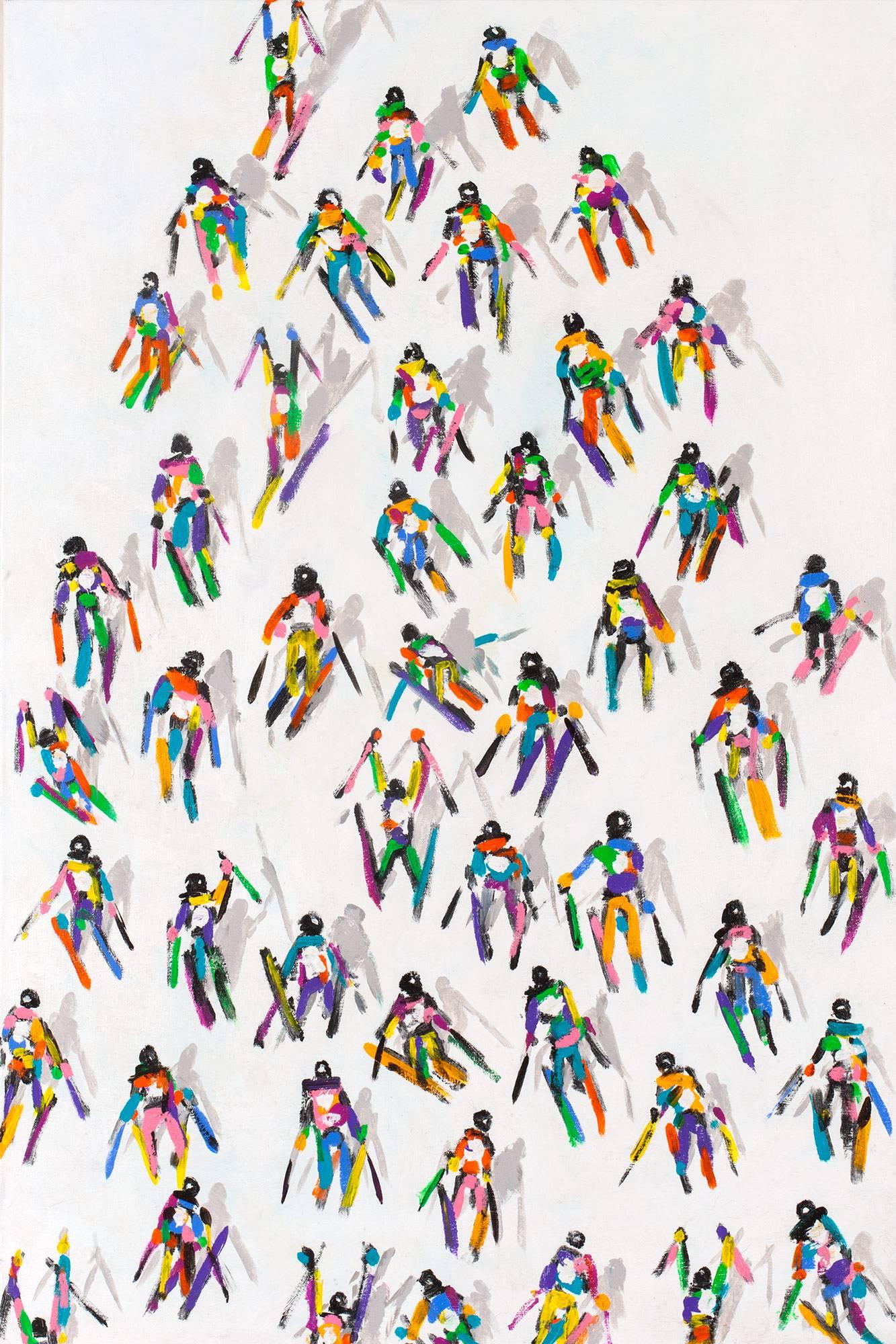 Heather Blanton Figurative Painting - '#328 Skiers on White with Shadows', Vertical Format Acrylic on Canvas Painting