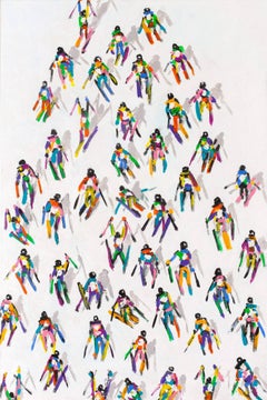 '#328 Skiers on White with Shadows', Vertical Format Acrylic on Canvas Painting