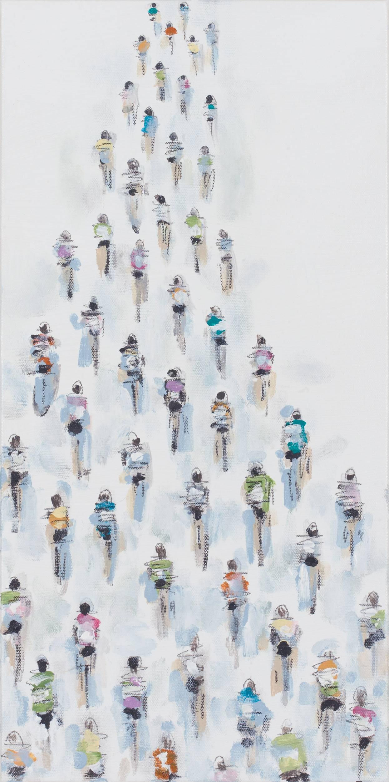Heather Blanton Figurative Painting - '#421 Small Cyclists Race on White', Small Size Acrylic on Canvas Painting