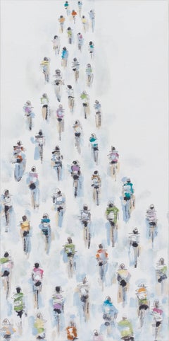'#421 Small Cyclists Race on White', Small Size Acrylic on Canvas Painting