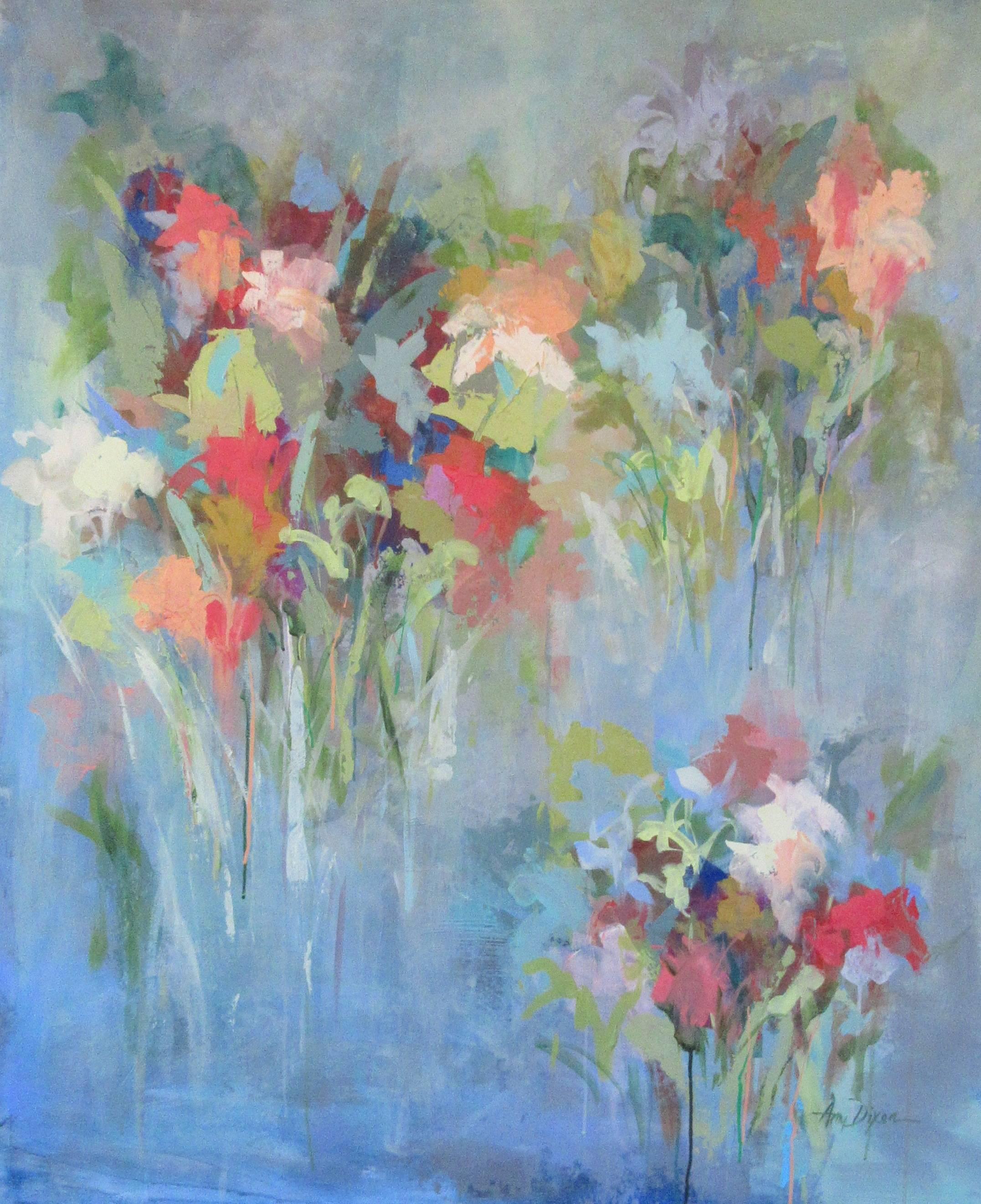 Amy Dixon Still-Life Painting - 'Anticipating the Party' Large Vertical Abstract Floral on Canvas