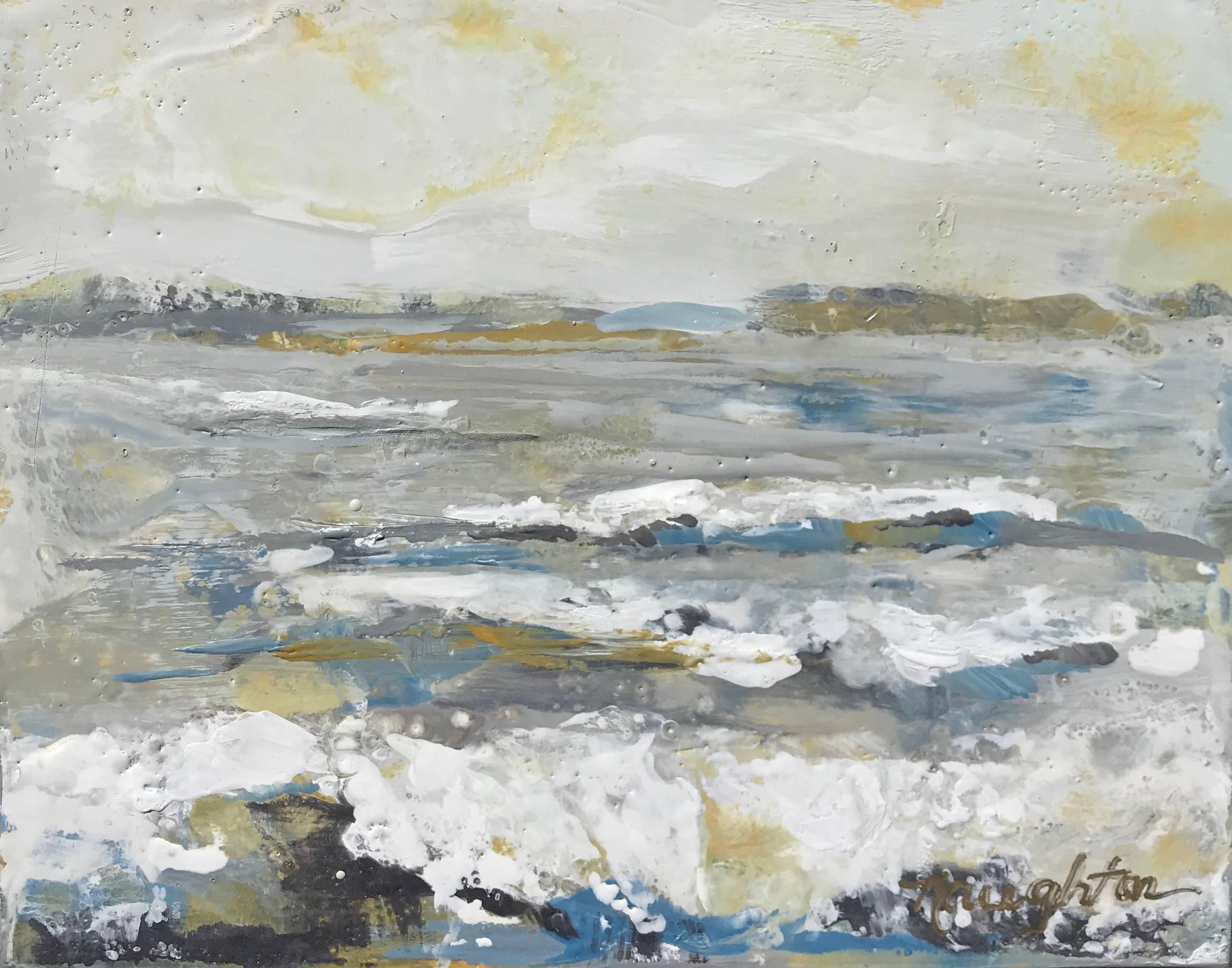 Maureen Naughton Landscape Painting - 'Sea Salt' Small Impressionist Beach Encaustic on Board