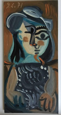 'Cubist Woman' Small Cubist Oil on Board Figurative Painting