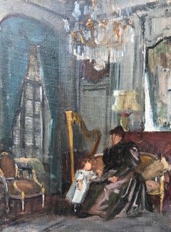 'Cours de Musique' Small Impressionist Interior Painting with Harp