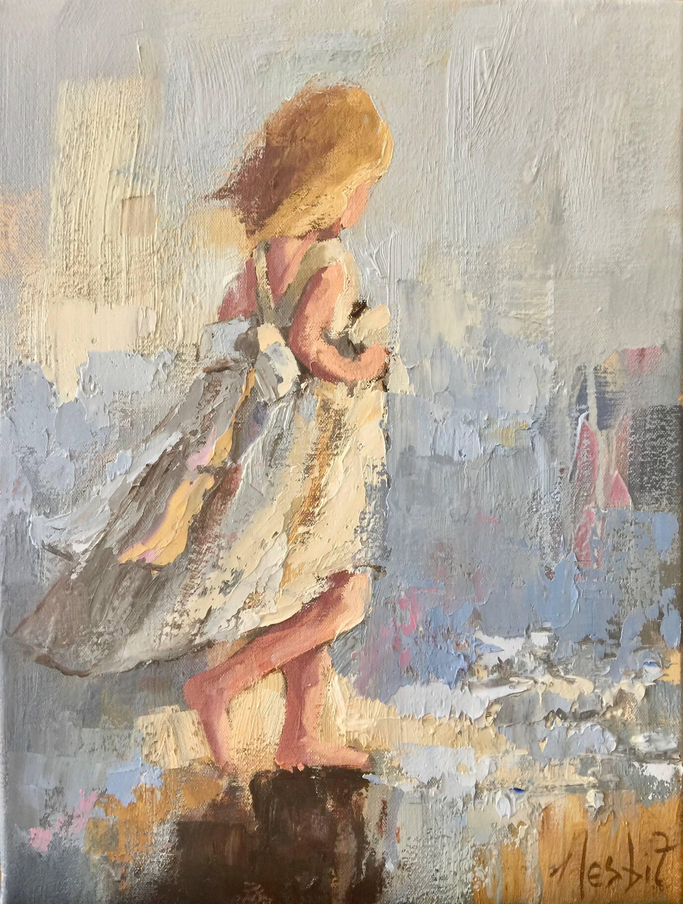 Angela Nesbit Figurative Painting - 'Easy Days', Small Vertical Impressionist Figurative Oil on Canvas Painting