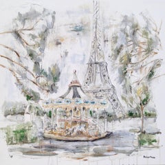 'Carousel de la Tour Eiffel, Paris',  Medium Size Mixed Media on Canvas Painting