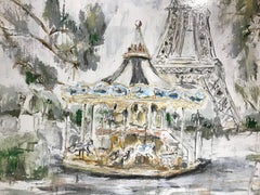 'Carousel de la Tour Eiffel, Paris',  Medium Size Mixed Media on Canvas Painting