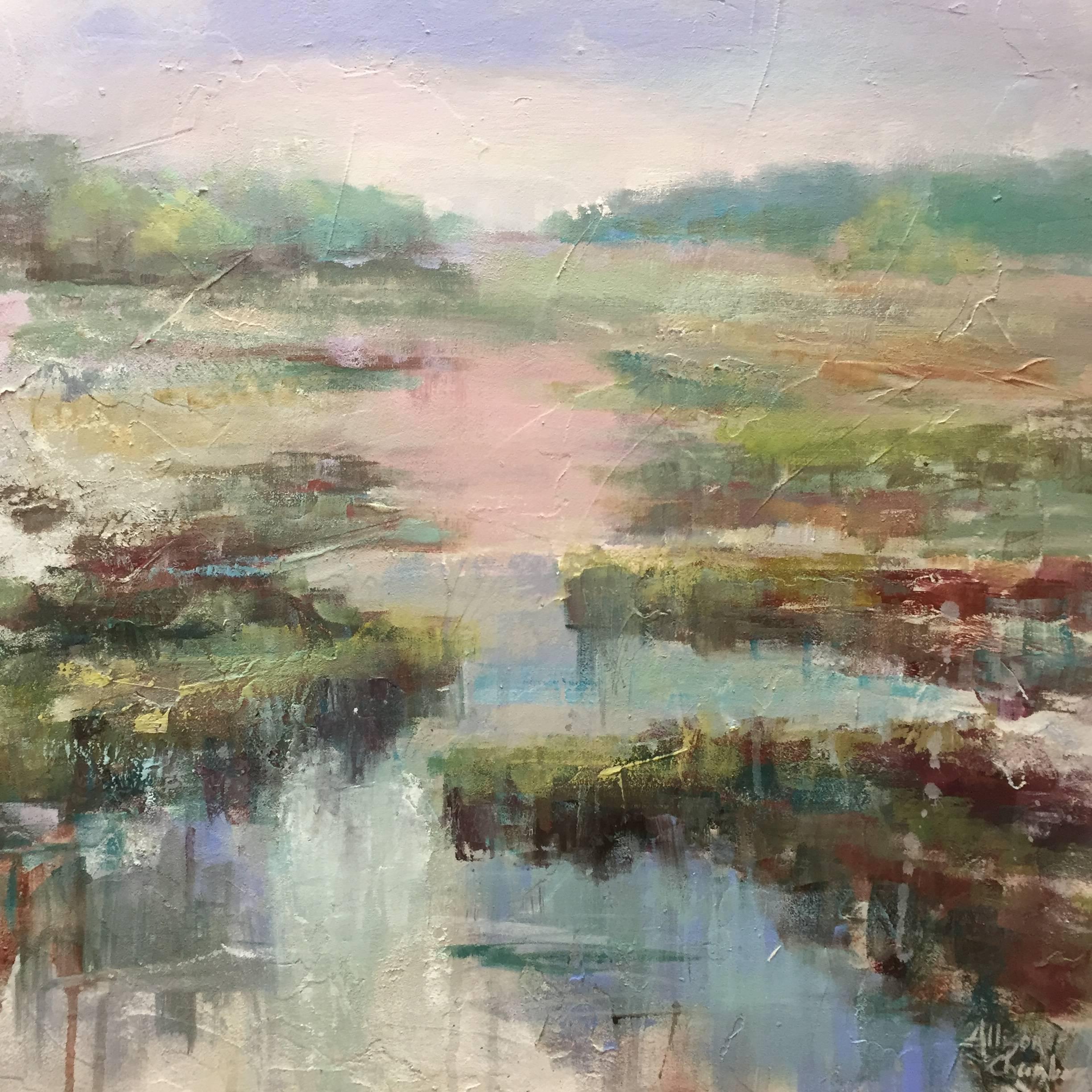 'Happy Place I' is a medium size framed mixed media on board painting created in 2017 by American artist Allison Chambers. Featuring a landscape scene mixing vegetation and the water element, the artist used a soft palette made of green, blue, pink,