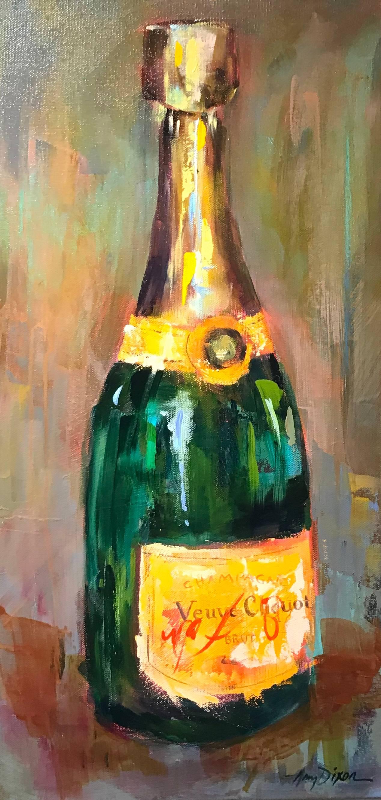 Amy Dixon Still-Life Painting - "Veuve" Small Post-Impressionist Acrylic on Canvas Veuve Champagne Bottle
