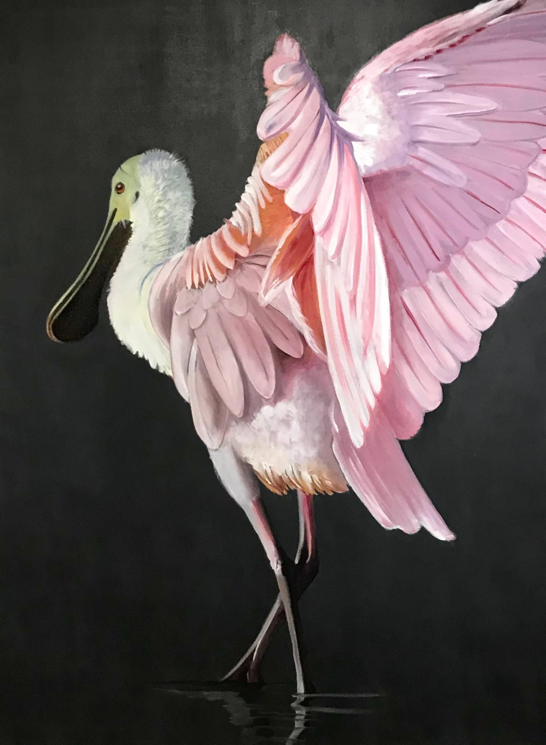 Judith Vivell Animal Painting - 'Roseate Spoonbill II', Large Oil on Canvas Animal Photorealist Painting