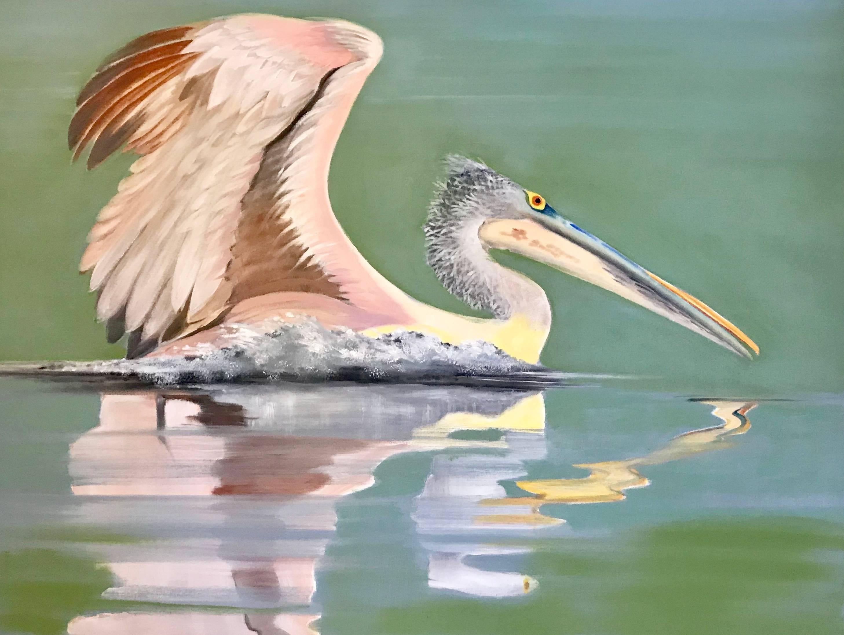 Judith Vivell Figurative Painting - 'Spot-Billed Pelican Beira Lake 2', Horizontal Animal Photorealist Painting