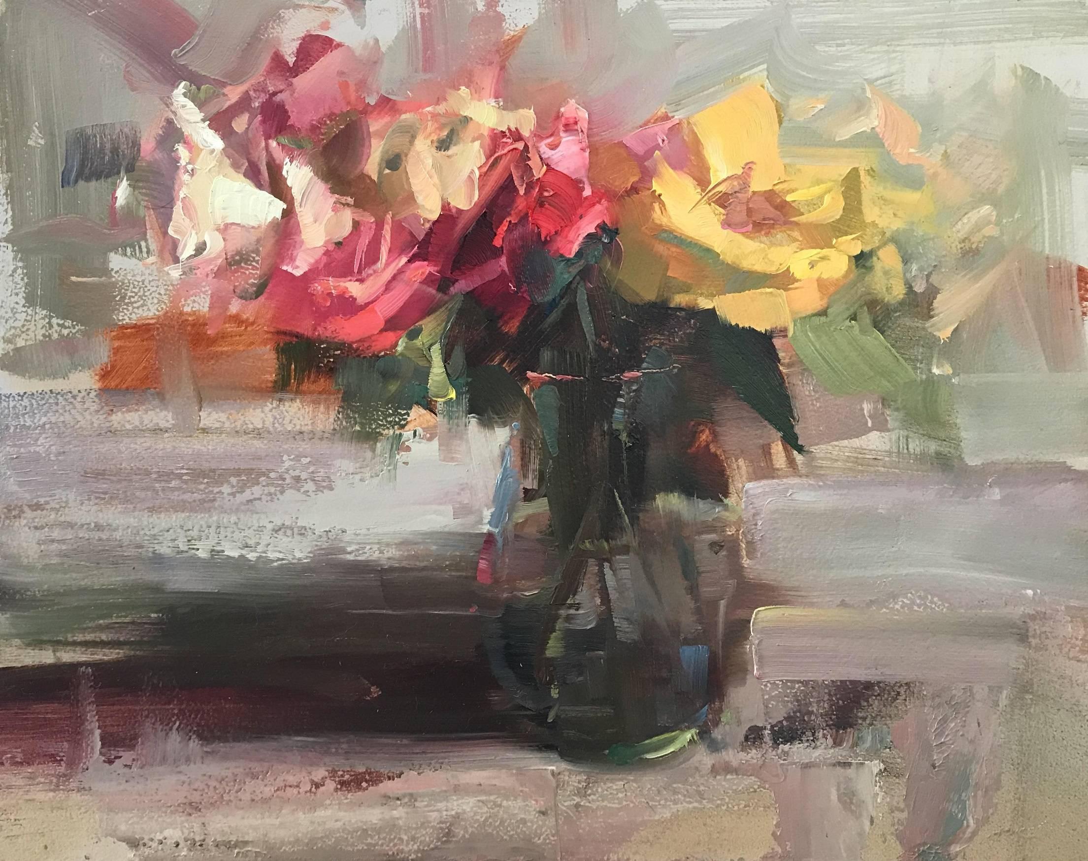 Jim Richards Still-Life Painting - 'A Little Variety II' Floral Impressionist Oil on Board Painting of Small Format