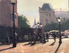 
Evening in Paris
, Small Impressionist Oil on Board Parisian Scene Painting