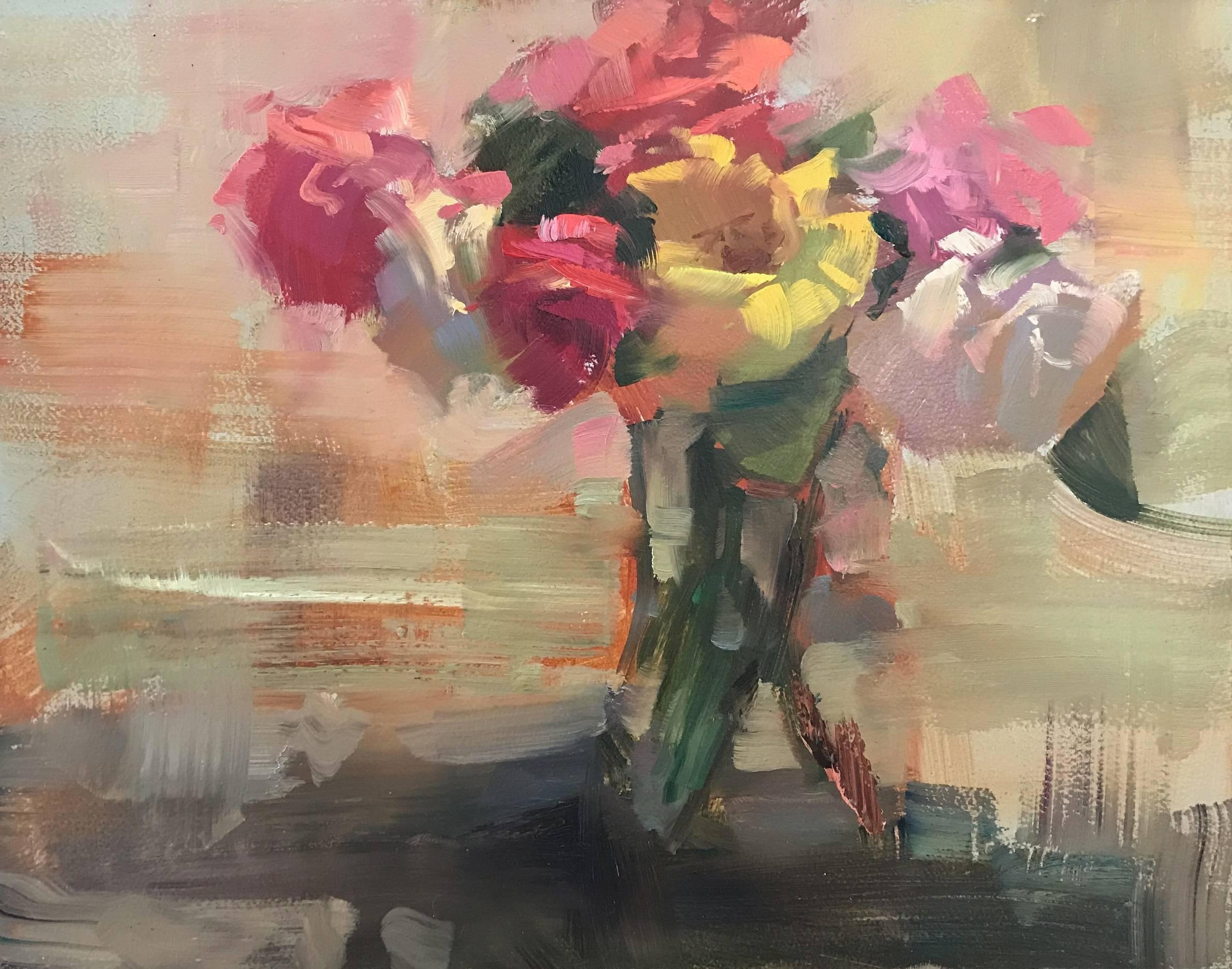 Jim Richards Figurative Painting - 'A Little Variety I', Small Impressionist Oil on Board Floral Painting