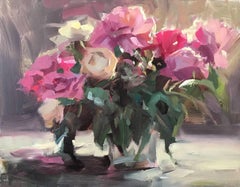 "For the Love of Roses" Small Impressionist Oil on Board Floral Painting