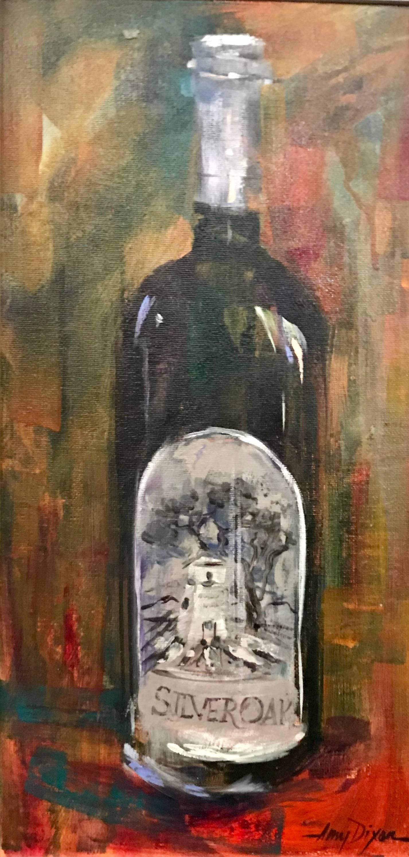 Amy Dixon Still-Life Painting – "Silver Oak" Small Acrylic Wine Bottle Painting