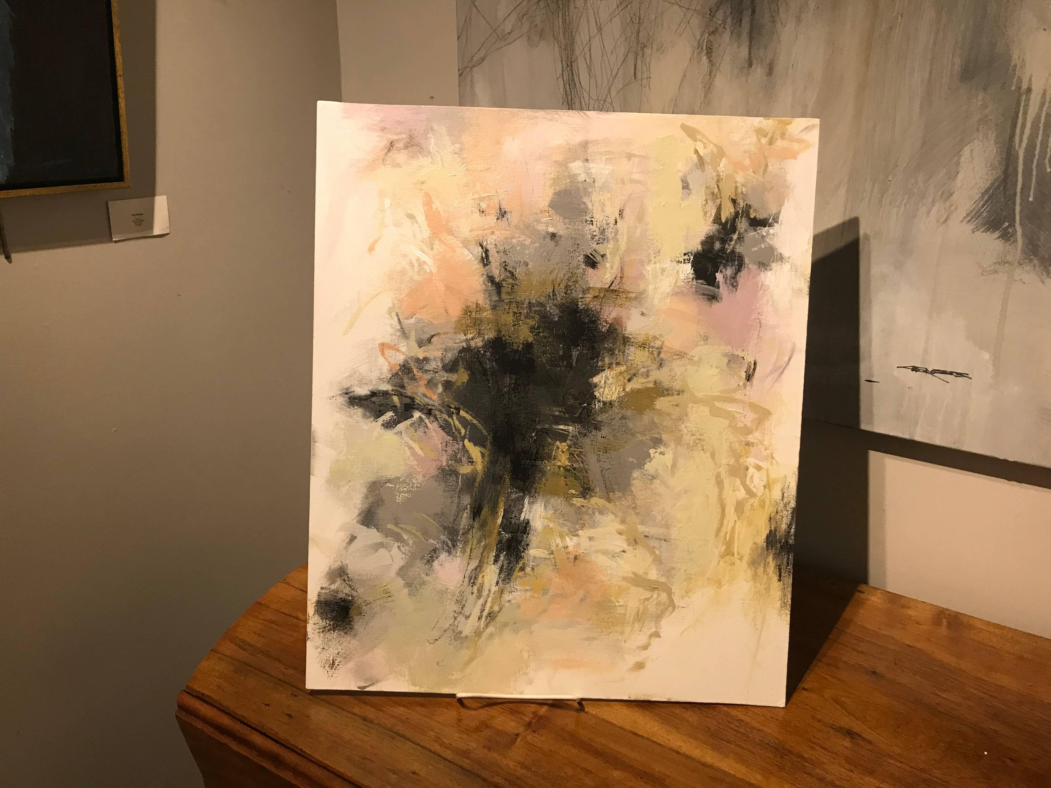 'Delicate Floral 2' is an abstract expressionist acrylic on canvas board painting created by American artist Debora Stewart in 2017. The energetic brushstrokes are made of an exquisite palette dominated by black, gold and beige colors accented by