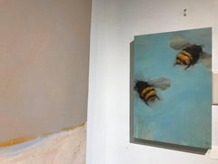 'Bees 1-20', Oil on Board Painting Depicting Bees on Blue Background