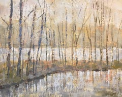 'Blessed Peace', Framed Encaustic and Gold Lead on Panel Landscape Painting