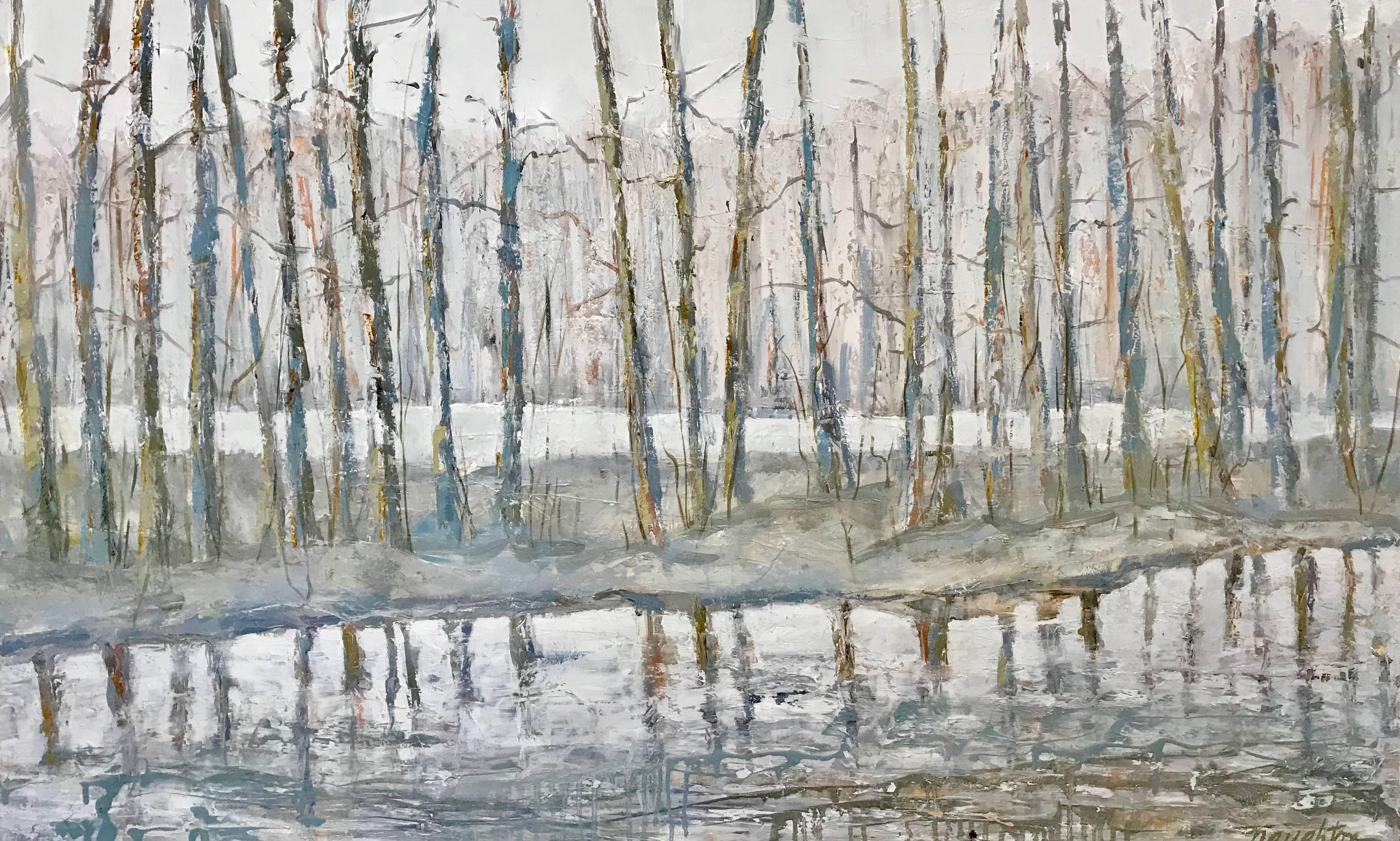 American artist Maureen Naughton created this large size framed Impressionist painting entitled 'Silver Waters' in 2017. Featuring a winter theme, Maureen depicted a series of elegant, yet leafless trees, planted along a body of water in which they