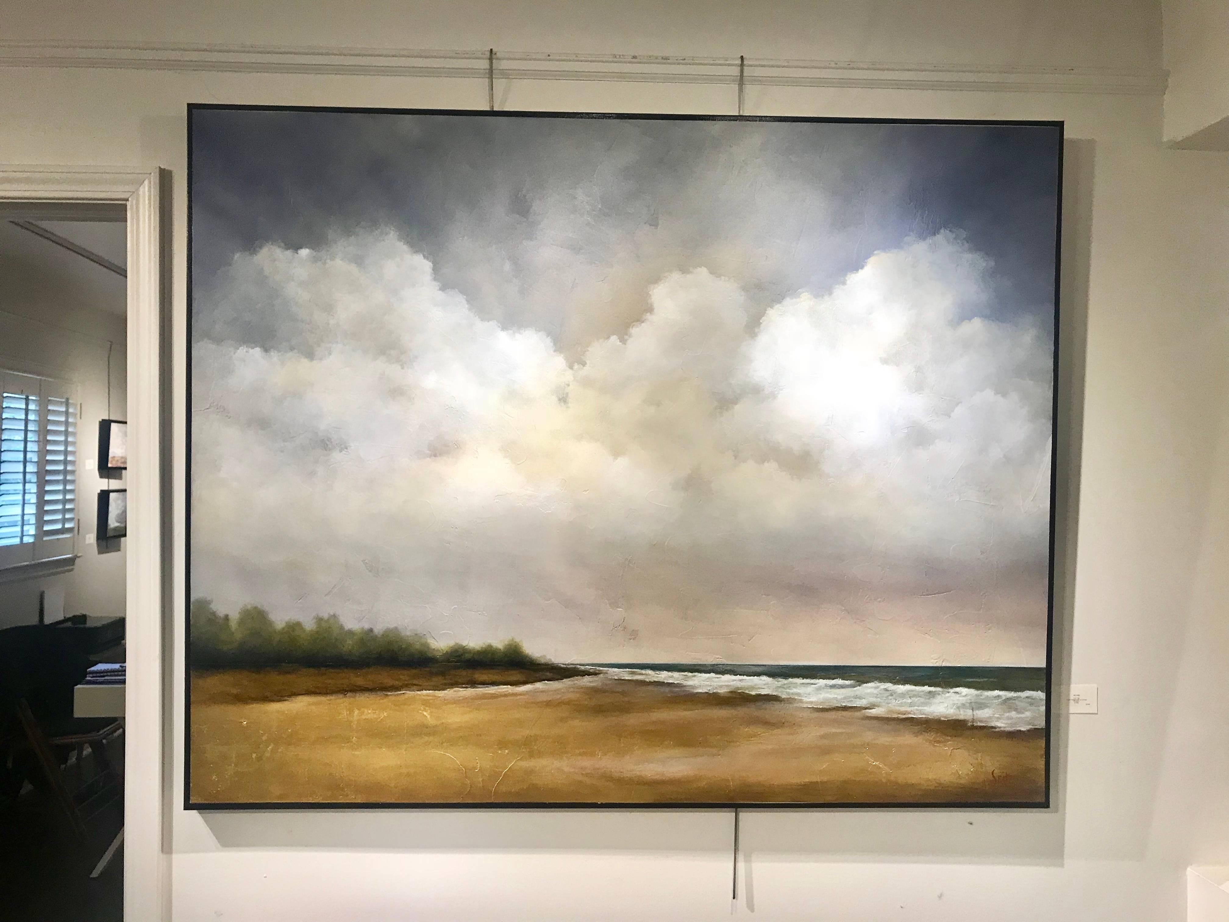 American artist Jim Seitz created this acrylic and gold leaf on canvas seascape painting in 2017 and titled it 'Low Tide'. The subject is self explanatory, the artist rendered an exquisite depiction of the sea or the ocean at low tide, allowing us