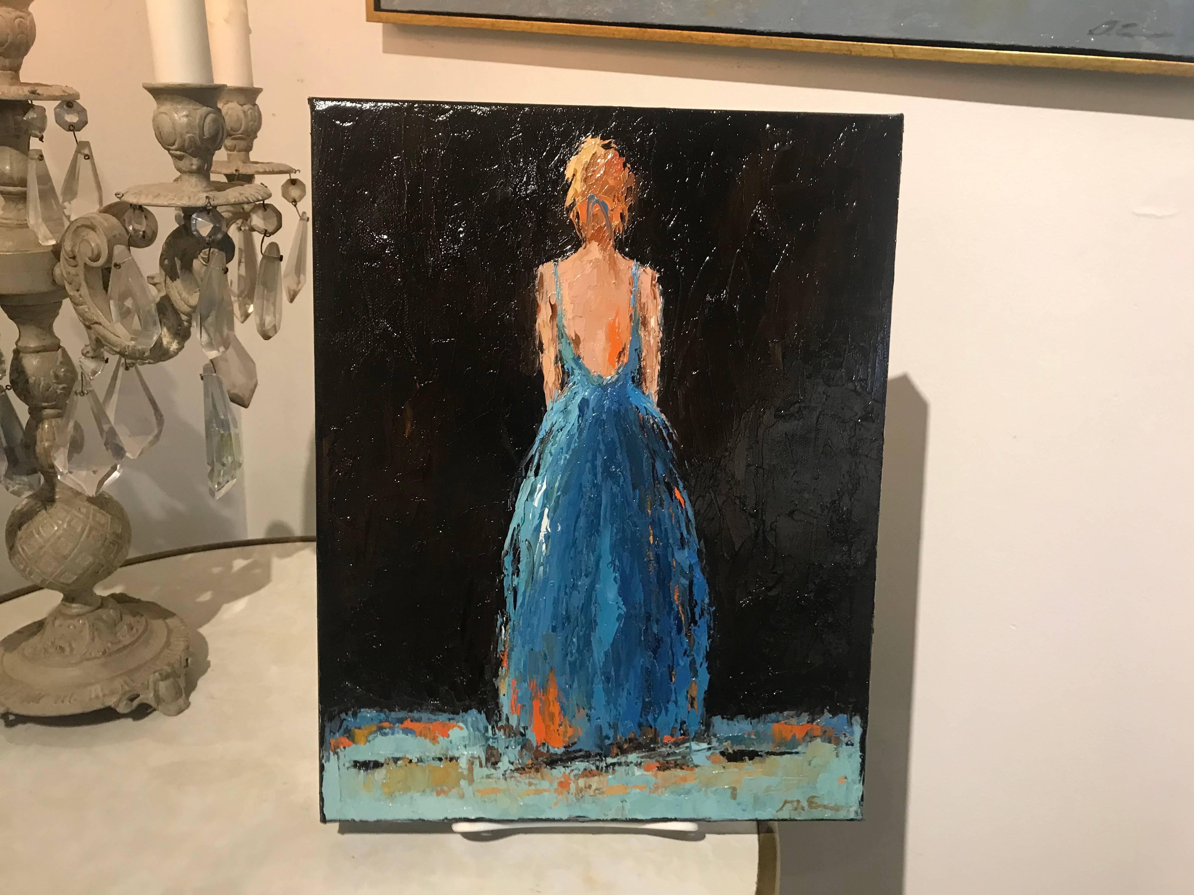 'Nora' is a petite Impressionist oil on canvas painting created by American artist Geri Eubanks in 2018. Painted in a vertical format, this piece features a lady depicted from the back, with her face hidden from us, creating an aura of mystery.