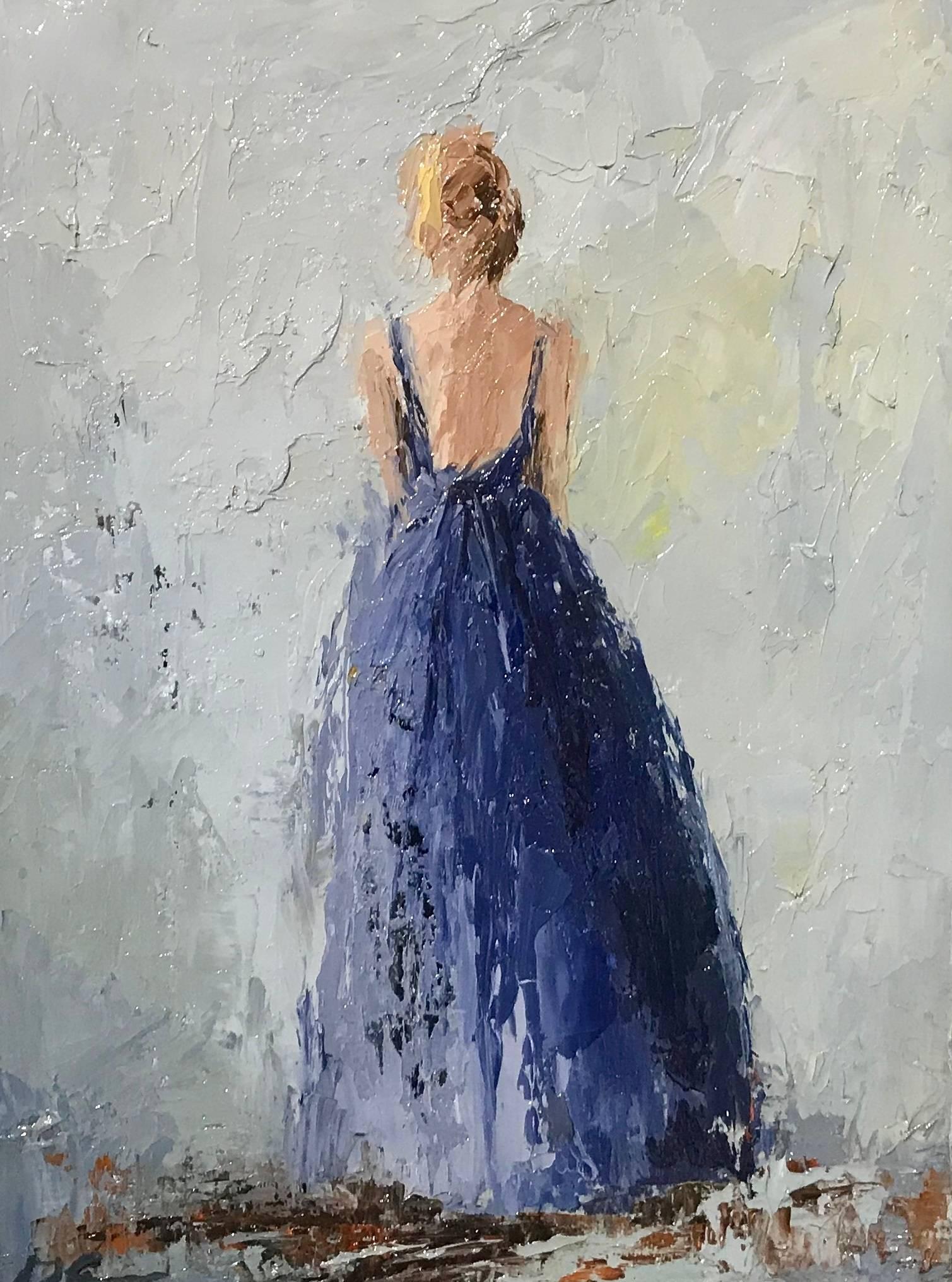 Geri Eubanks Figurative Painting - 'Marion', Petite American Impressionist Painting Depicting a Lady in a Blue Gown