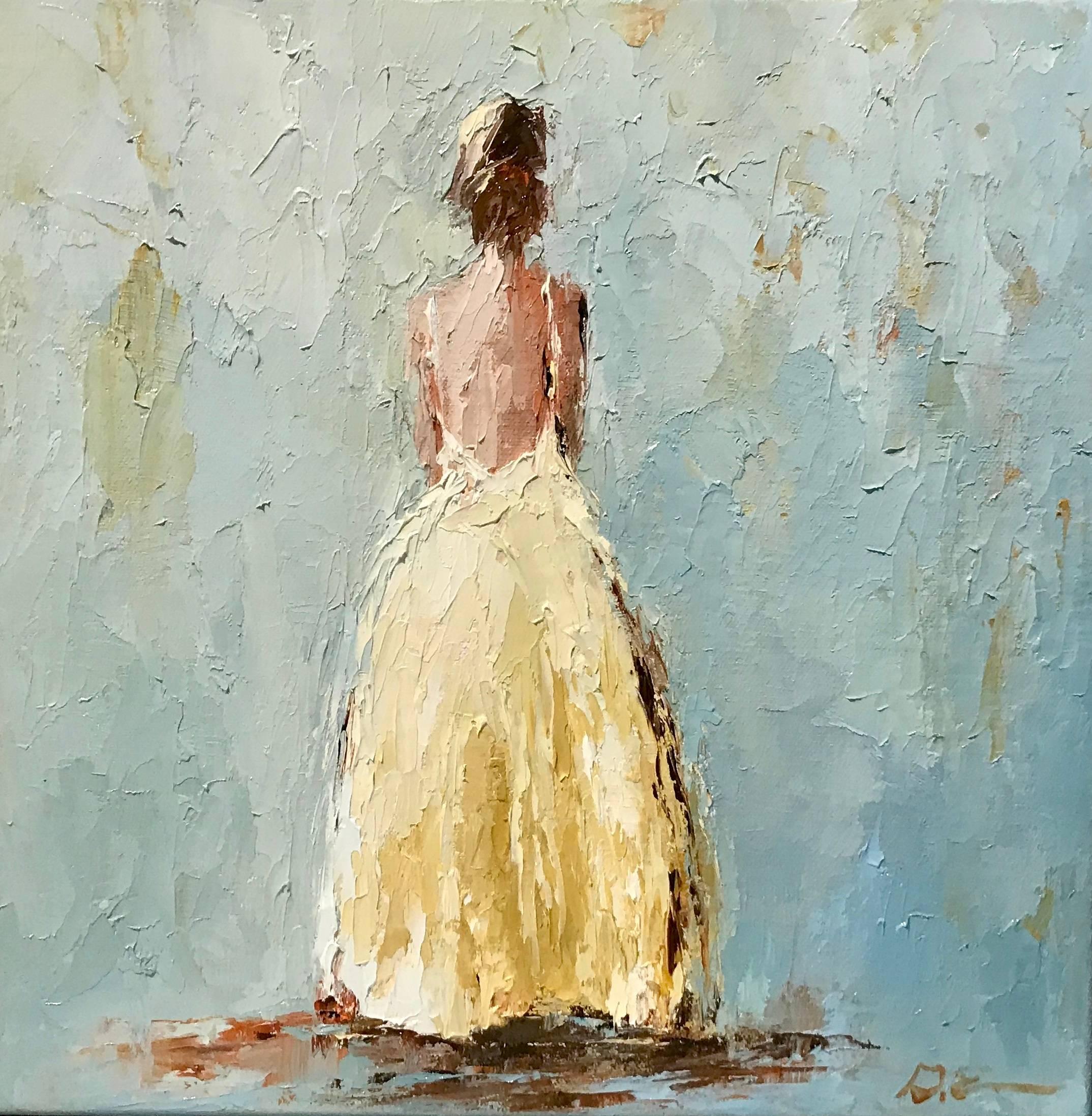 Geri Eubanks Figurative Painting - 'Eva', Small Size Framed Impressionist Painting Depicting a Lady in Yellow Gown
