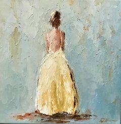 'Eva', Small Size Framed Impressionist Painting Depicting a Lady in Yellow Gown