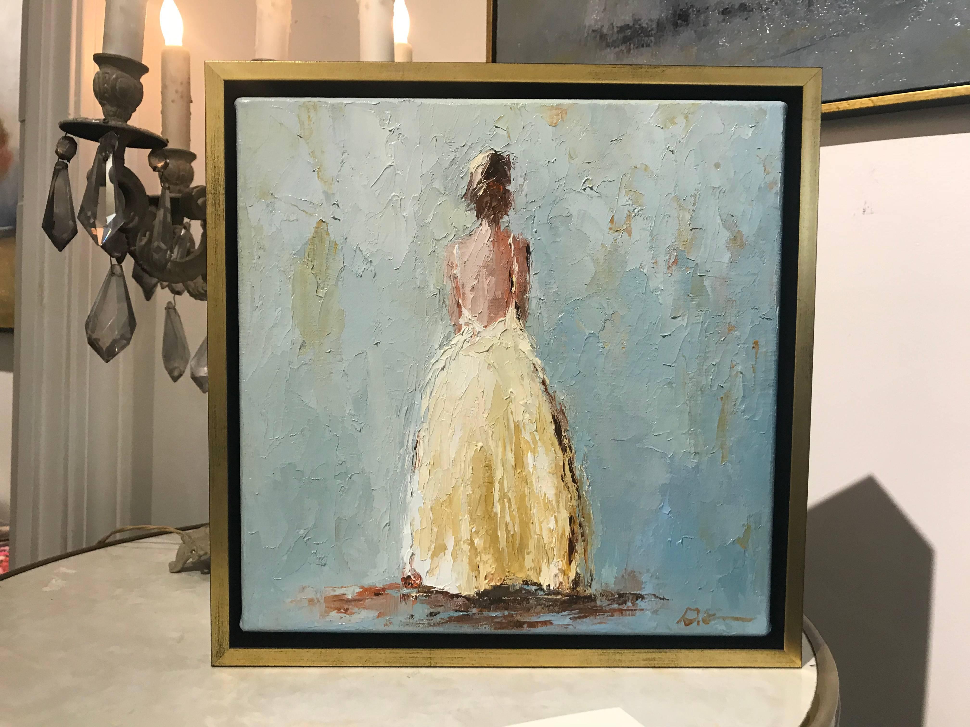 'Eva', Small Size Framed Impressionist Painting Depicting a Lady in Yellow Gown - Gray Figurative Painting by Geri Eubanks