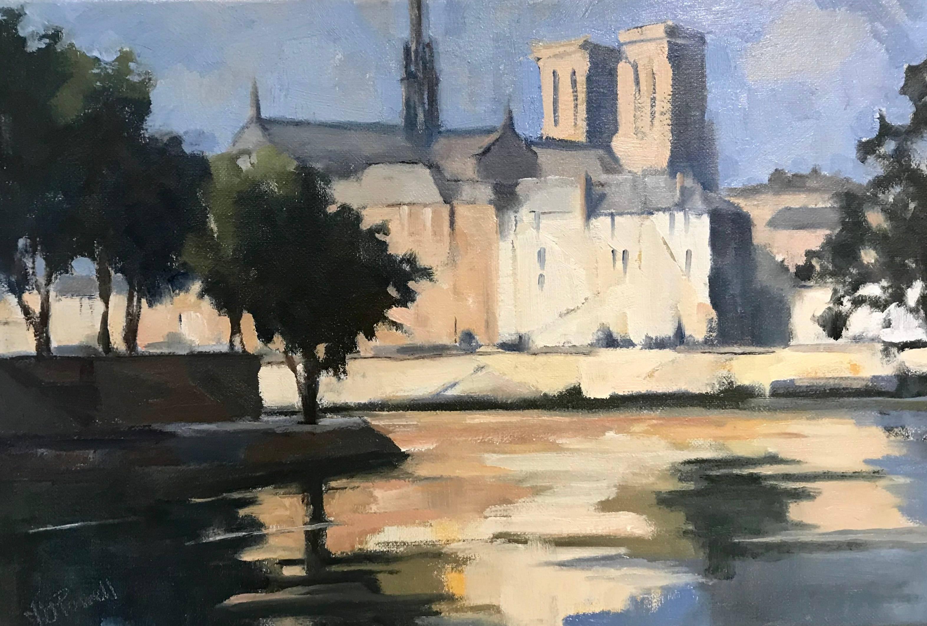 Lesley Powell Landscape Painting - "Deux Iles I" Small Post-Impressionist Parisian Painting