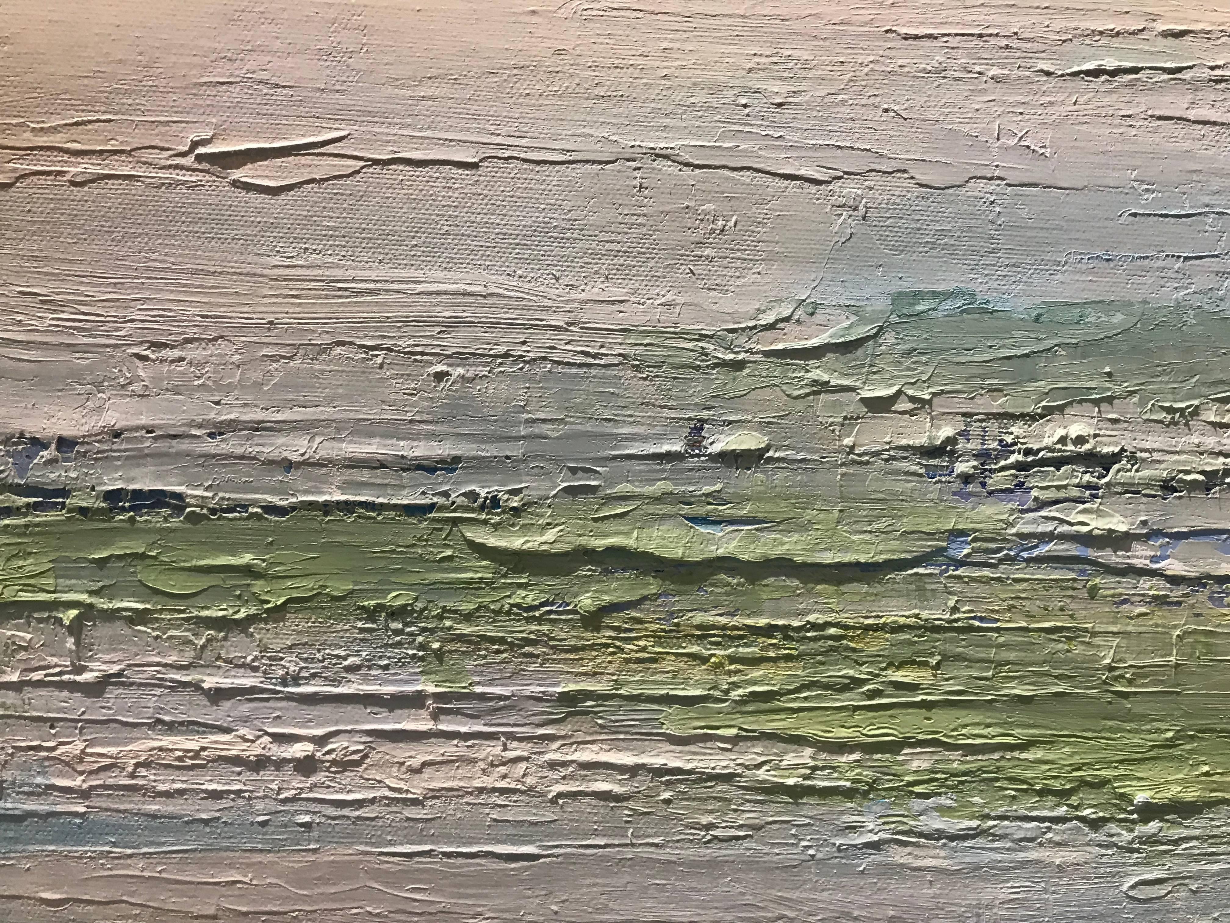 'Cocktails at the Roof Bar' is an abstract oil on canvas painting created by American artist Barbara Sussberg in 2016. Featuring a serene palette made of tans, blues and greens, the linear composition balances the verticality of the format