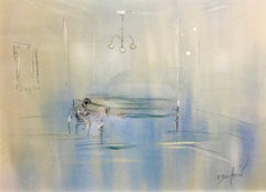 'Piano in Blue', Framed Oil on Paper Ethereal Interior Scene Painting