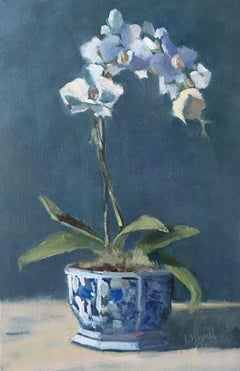 'Cascading Blossoms, ' Small Vertical Post-Impressionist Orchid Still Life
