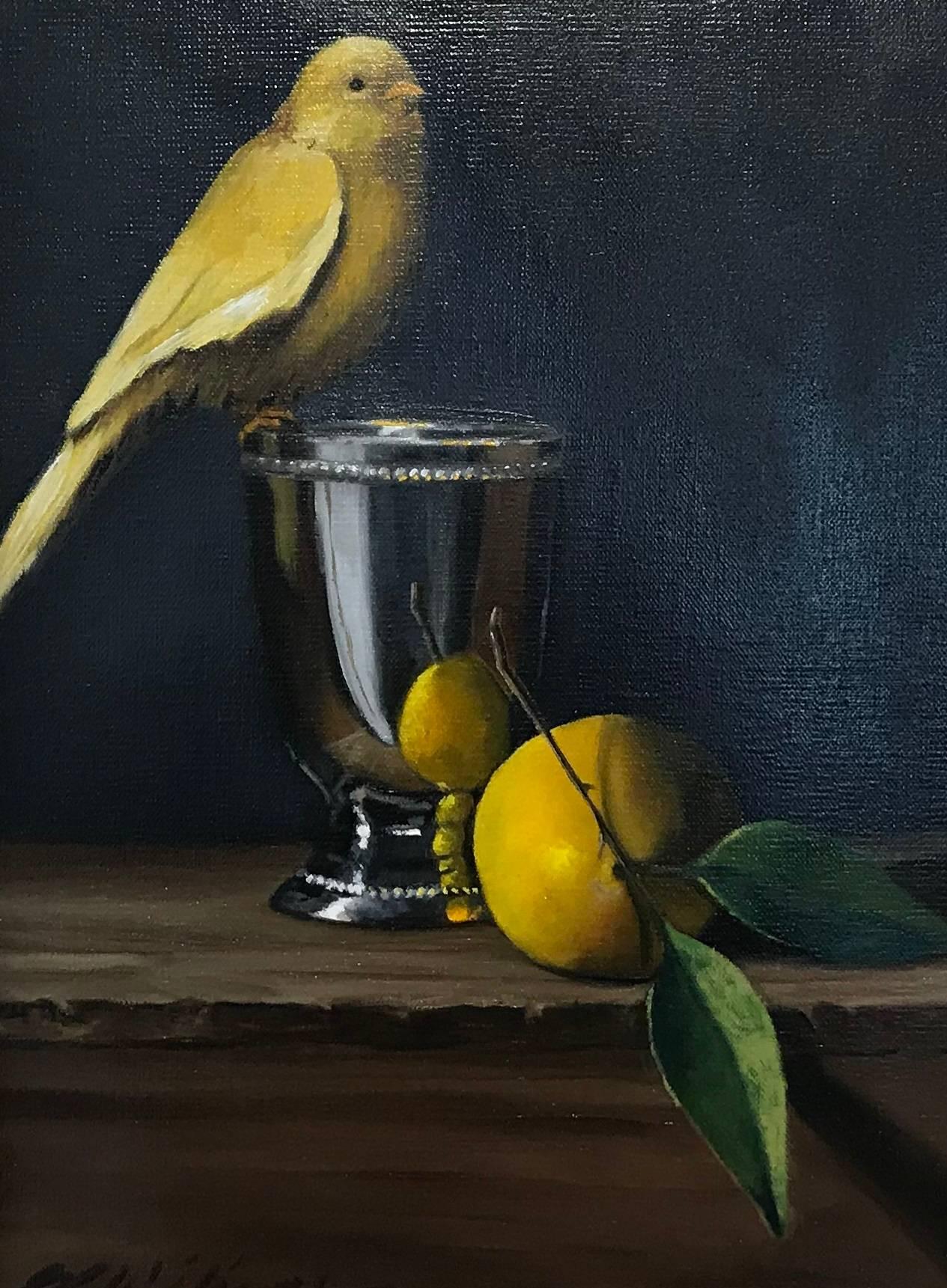 Ginny Williams Still-Life Painting - "Still Life with Yellow" Small Goldfinch and Silver Framed Realist Painting