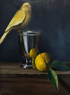 "Still Life with Yellow" Small Goldfinch and Silver Framed Realist Painting