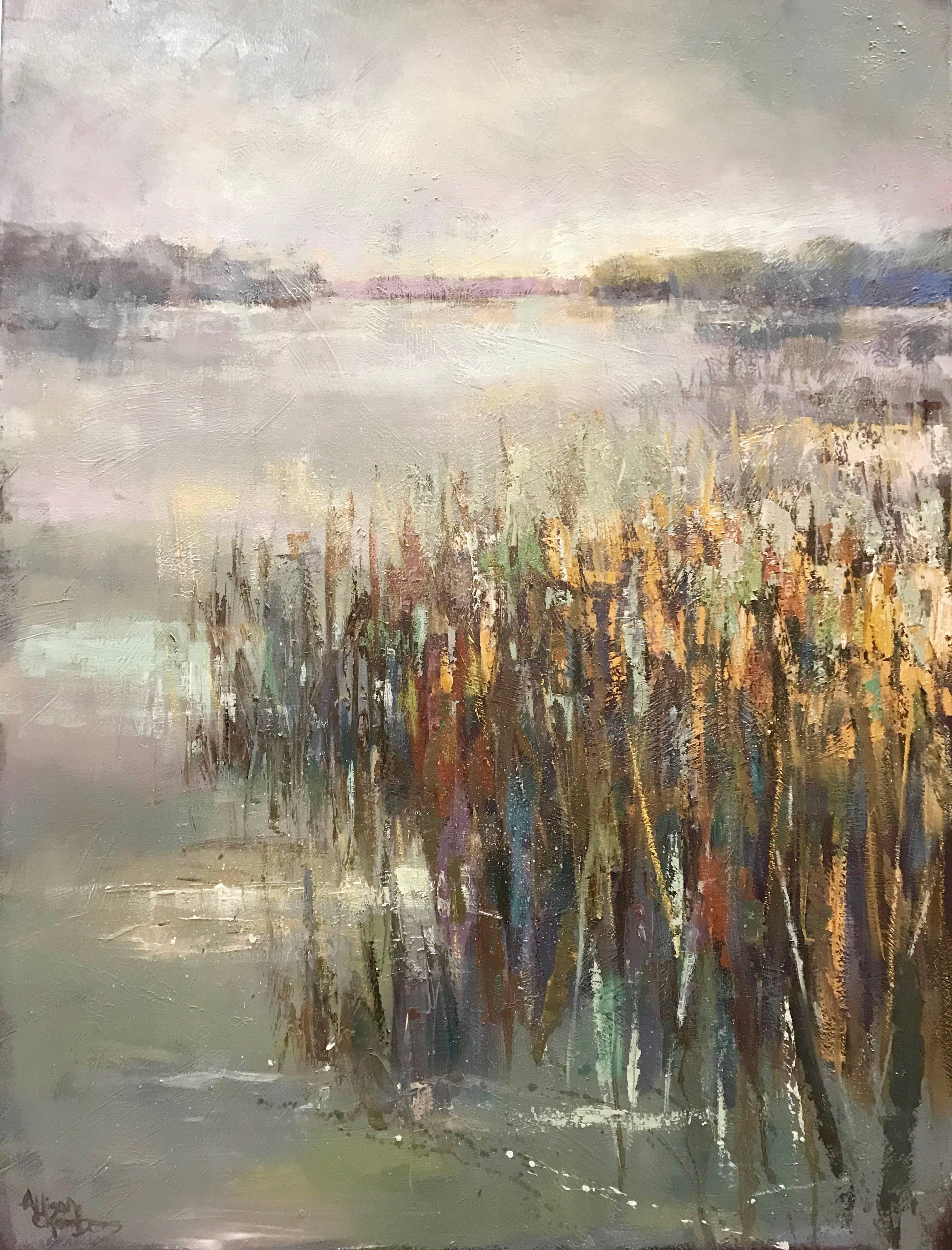 Allison Chambers Landscape Painting - "Winter on the Marsh" Large Vertical Framed Impressionist Low Country Painting
