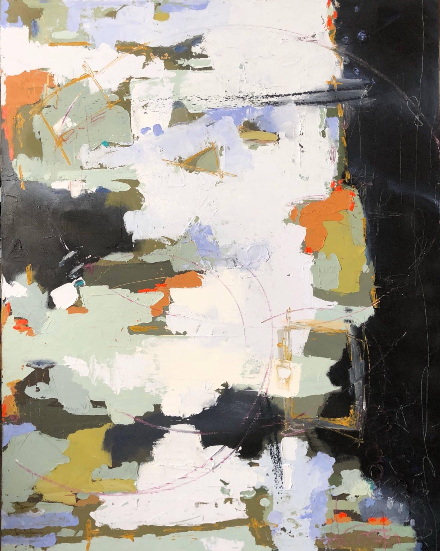This large abstract is wired both vertically and horizontally and can be hung either way.  The paint is applied in thick layers so add texture and depth to this piece.  The palette is wide-ranging, including grey, orange, green, blue, violet, red,