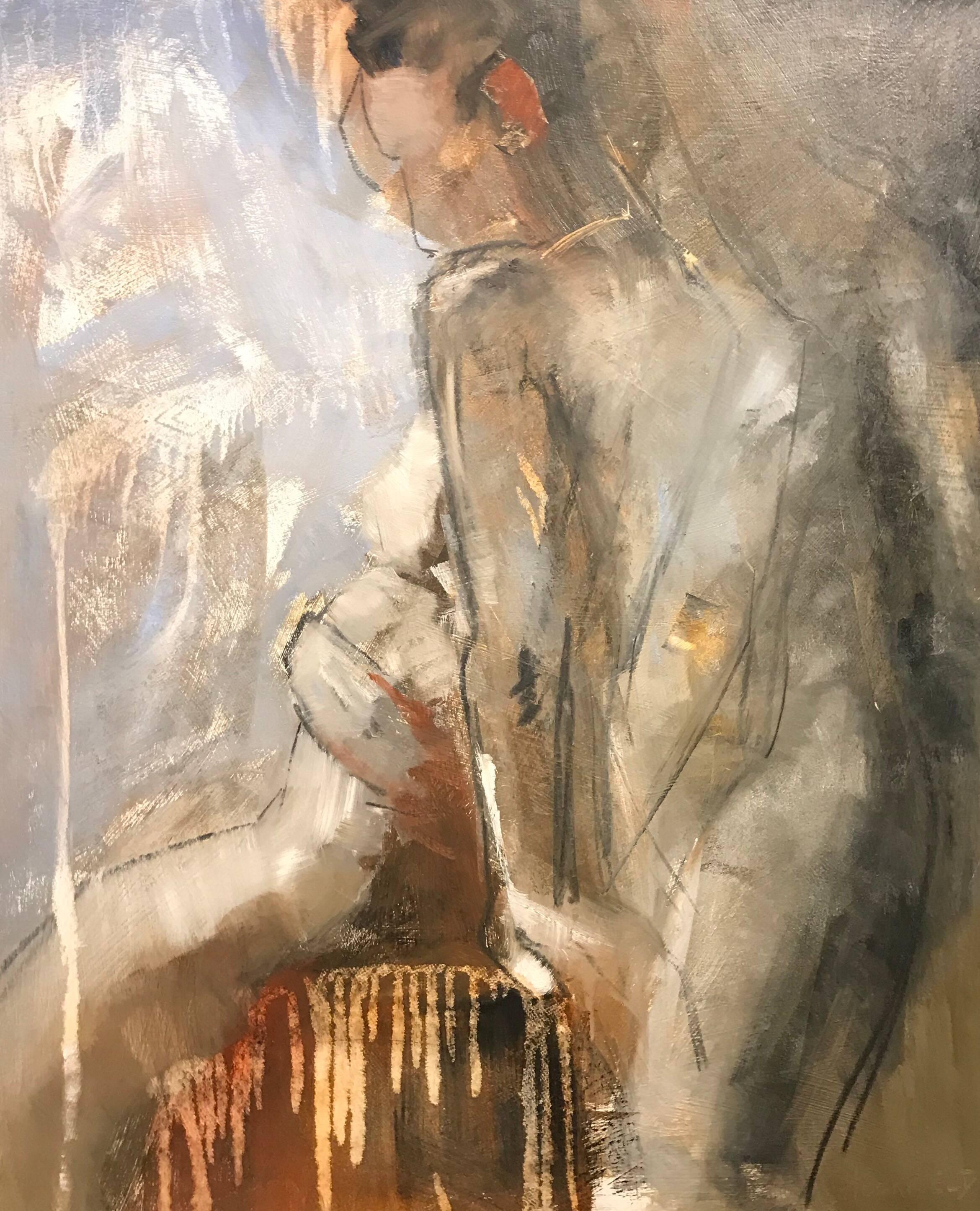 This is an abstracted figurative painting of a woman sitting on a chair, looking over her left shoulder.  The artist used the colors rust, grey, blue, black, purple and peach.  The artist signed this piece on the bottom right.

A North Carolina
